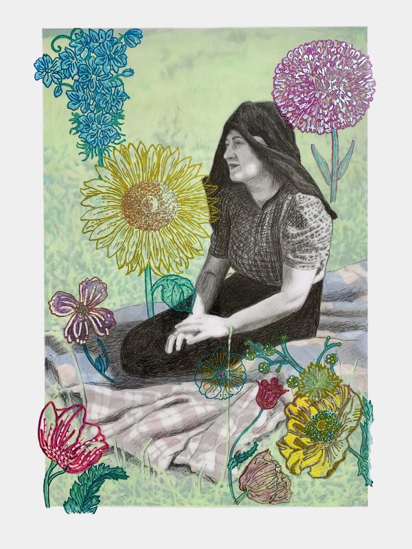 Longing / Grandma's Garden - colored pencil, oil based monochrome pencil & acrylic markers on layers of drafting film 30 x 24 inches